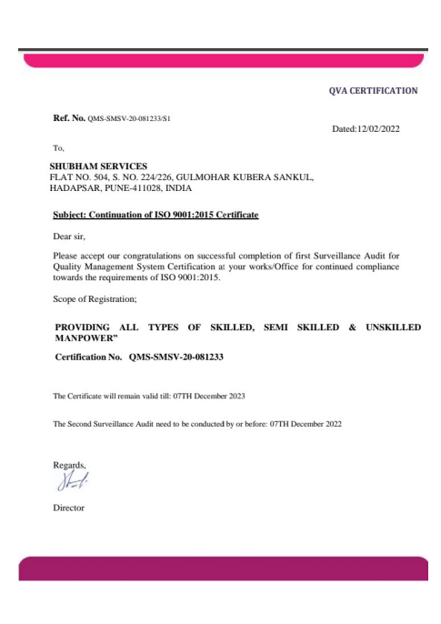 ISO CERTIFICATE LETTER